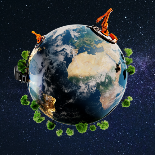 A computer rendering of the world. Robot arms, vans and trees can be seen on it. It was created for a project with PEAK.ai