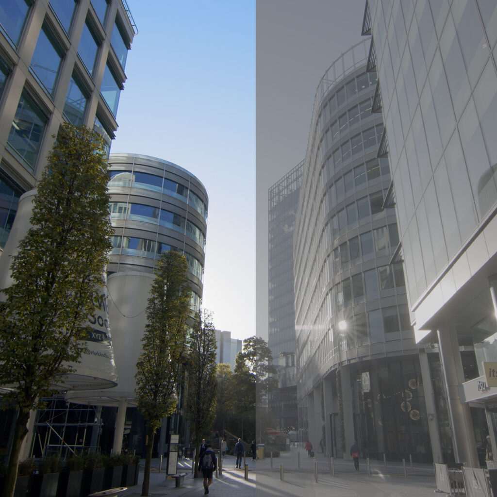 A photo depicting the difference between colour graded and non colourgraded footage. Buildings can be seen