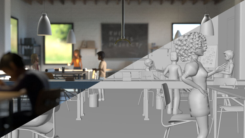CGI office scene shown half as a grey 3D model and half as the final render